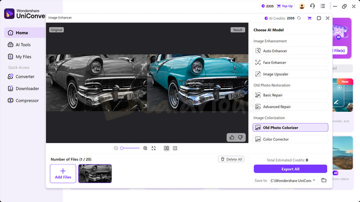 UniConverter AI Image Enhancer with Old Photo Colorizer option selected.