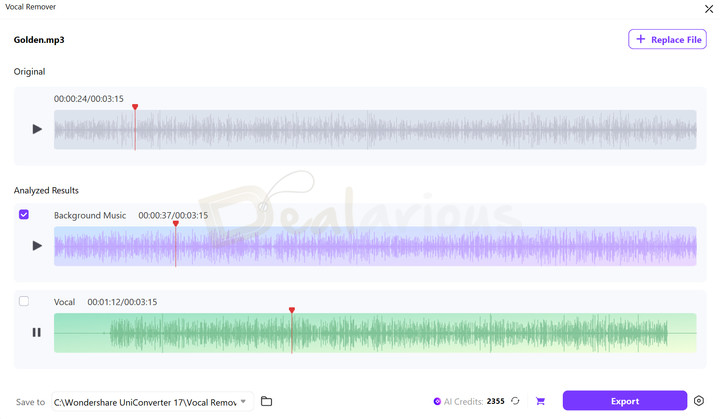 UniConverter 17 AI tool for removing vocals from an audio file.