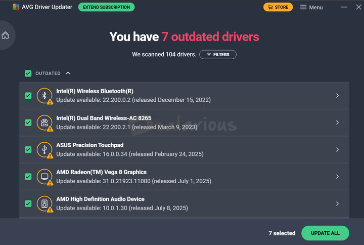 AVG Driver Updater Outdated Drivers List AVG Driver Updater showing the detected drivers found during the scan.