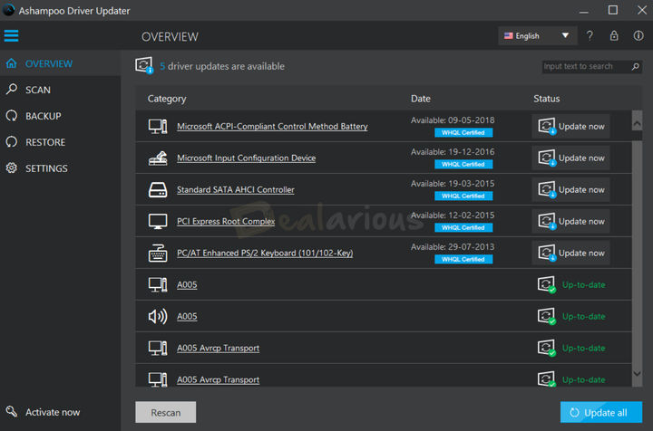 Ashampoo Driver Updater Scan Results Ashampoo Driver Updater showing the detected drivers that require updates.