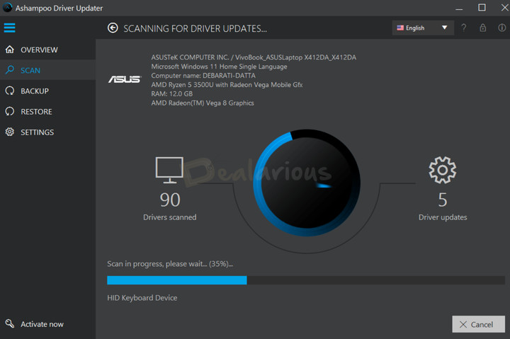 Ashampoo Driver Updater Scan Screen Ashampoo Driver Updater analyzing the PC for driver issues.