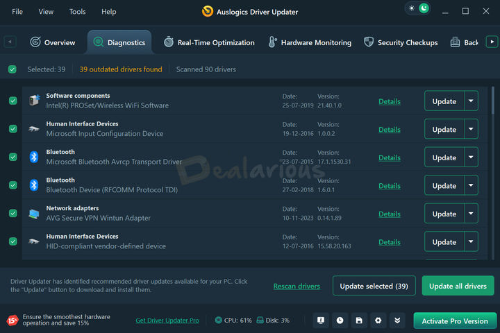 Auslogics Driver Updater Scan Results Auslogics Driver Updater displaying the outdated drivers list after completing the scan.