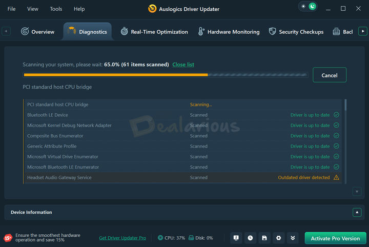 Auslogics Driver Updater Scan Window Auslogics Driver Updater scanning the system for outdated and missing drivers.