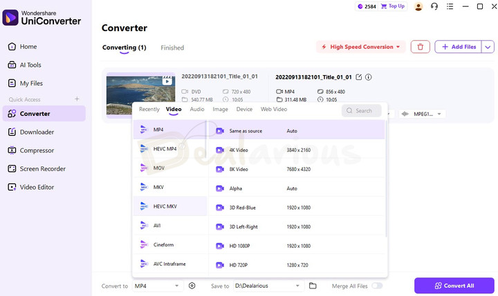 Converting DVD to multiple formats Wondershare UniConverter 17 showing available output formats for DVD conversion, including MP4 and other video options.