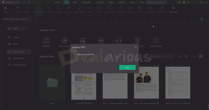 SwifDoo PDF showing Failed to create PDF dialog while attempting to create PDFs from multiple file formats.