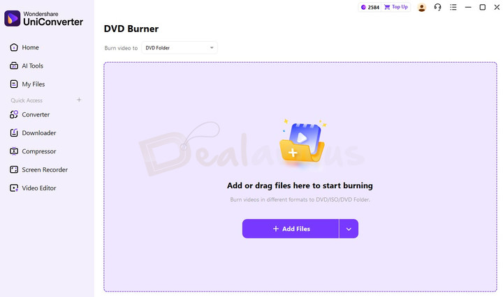 Wondershare UniConverter 17 home screen showing the DVD Burner option to start burning MP4 to DVD.