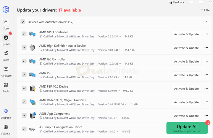 DriverEasy Driver Scan Results Driver Easy showing the detected drivers that need updating.