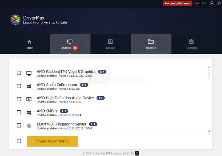 DriverMax Outdated Drivers List DriverMax Pro showing the outdated drivers list after scanning.