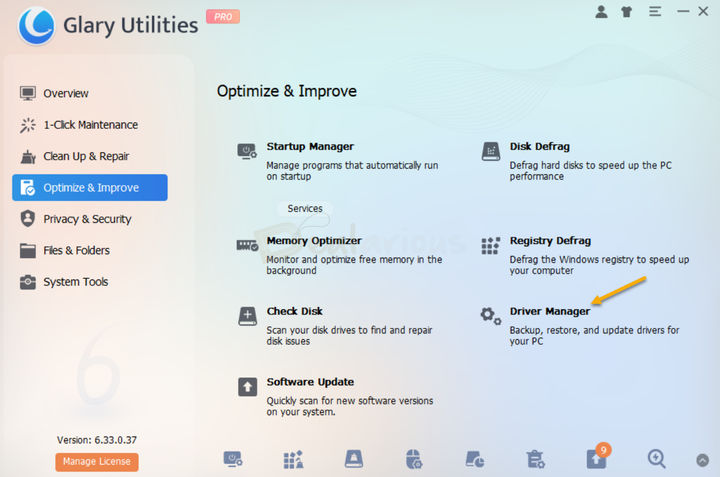Glary Utilities Interface Glary Utilities Pro dashboard showing optimization tools such as Startup Manager, Memory Optimizer, Disk Defrag, Registry Defrag, and the Driver Manager option under Optimize & Improve.