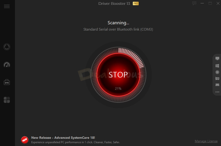 IObit Driver Booster Scan Window Screenshot of IObit Driver Booster scanning the PC for outdated drivers.