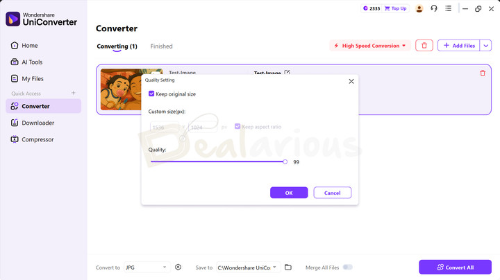 Quality Setting tab in UniConverter's Image Converter with options to adjust image quality.
