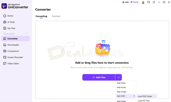 Wondershare UniConverter 17 Converter tab showing the option to load a DVD folder copied to the computer for converting DVD to MP4