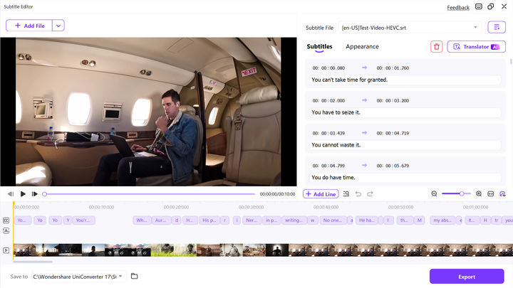 Wondershare UniConverter Subtitle Editor interface showing a video preview on the left and editable subtitle lines on the right. Subtitle timestamps and text entries are listed, along with options to add lines, adjust appearance, and export the file  