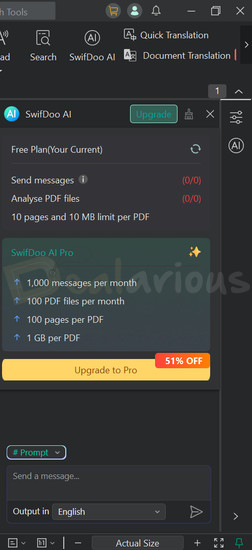 SwifDoo PDF AI tools section showing upgrade option for accessing AI features like summarization and translation.