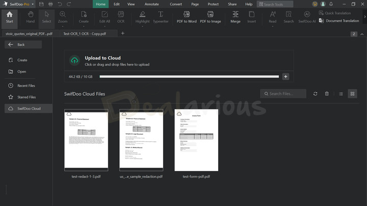SwifDoo Cloud interface showing an option to upload files and list of uploaded files.