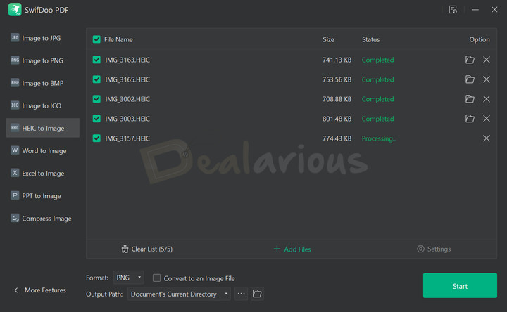 Converting multiple HEIC files to image format, with four conversions completed and one still processing.