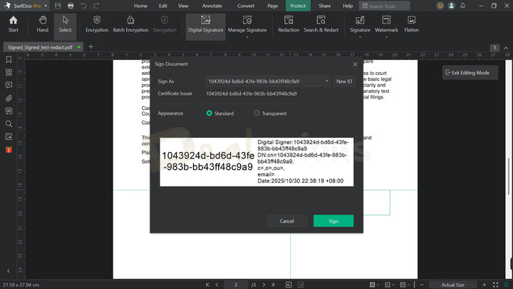 Applying a digital signature to a PDF file.