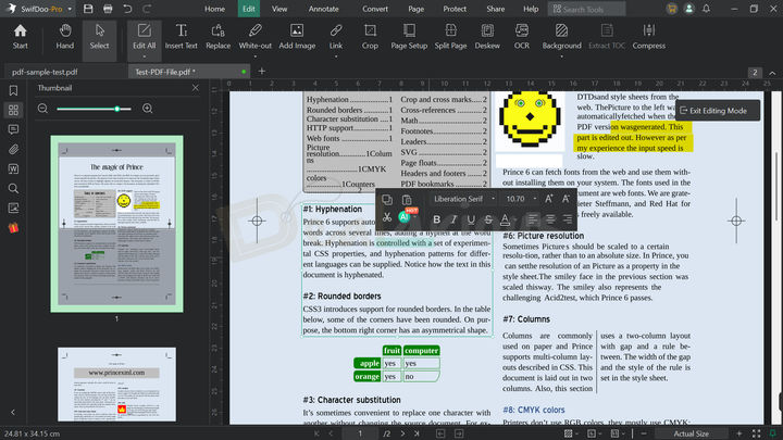Editing screen with an open test PDF file and floating editing toolbar.