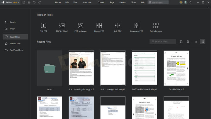 SwifDoo PDF homescreen showing nine tabs at the top, a left sidebar with five options, and a main area displaying popular tools and recent files.