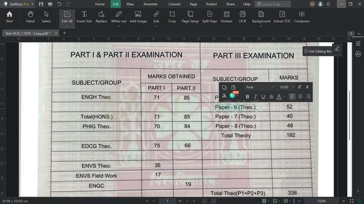 Editing an image based PDF file in SwifDoo PDF using OCR with a floating text edit toolbar.