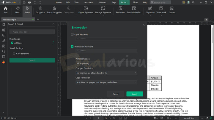 Encrypting PDF file with password protection.