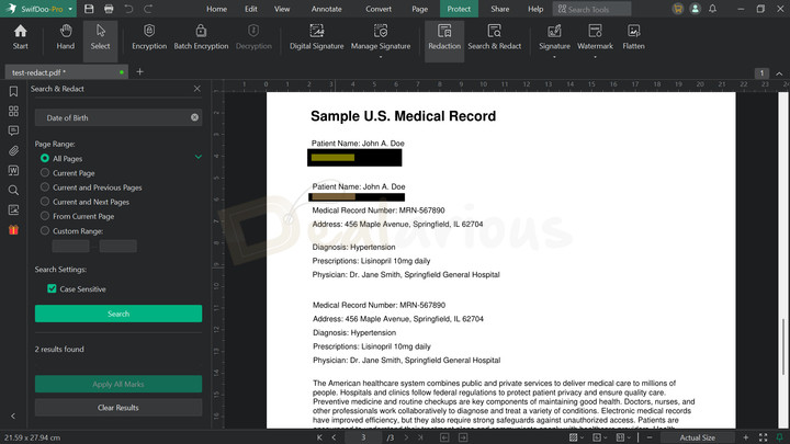 SwifDoo PDF Redaction tool in action, concealing sensitive information with solid black markings.