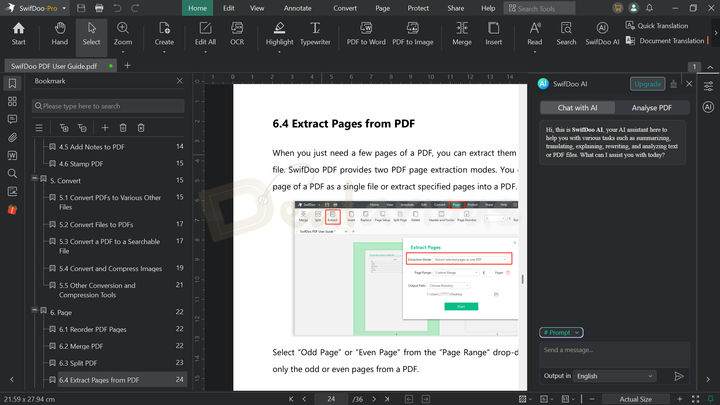 SwifDoo PDF workspace interface showing nine tabs and tool options at the top, an open PDF document in the main view, an AI chat window on the right, and a bookmarks panel open on the left.