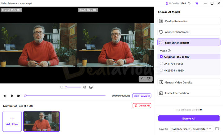 AI Video Enhancer tool in UniConverter showing the Face Enhancement option selected