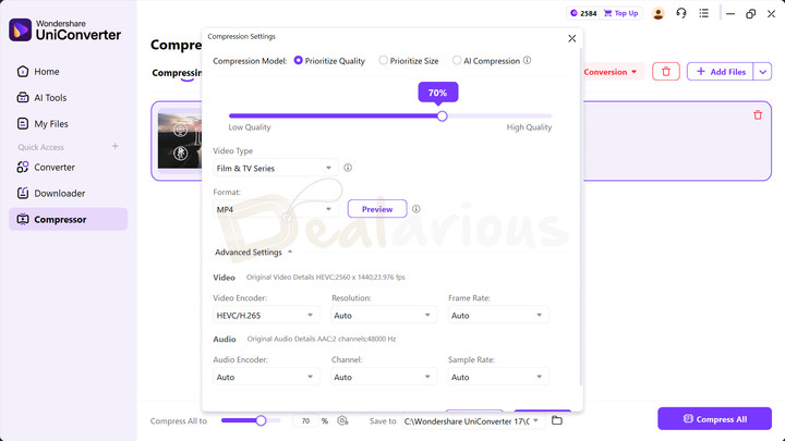 Video compression settings screen in UniConverter 17

