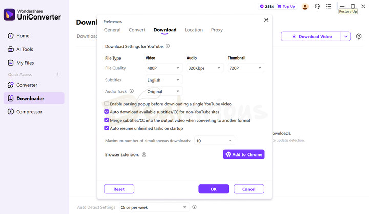UniConverter 17 settings for customizing video download options.