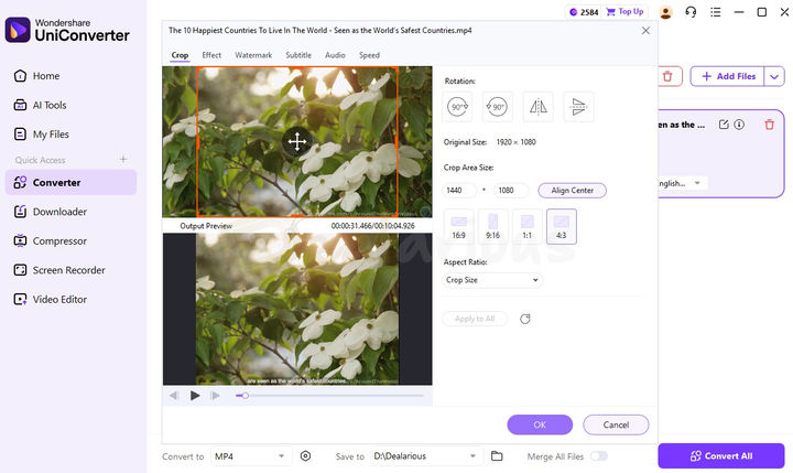 Wondershare UniConverter 17 edit option within the Converter section showing tools to trim, crop, and enhance video clips before conversion
