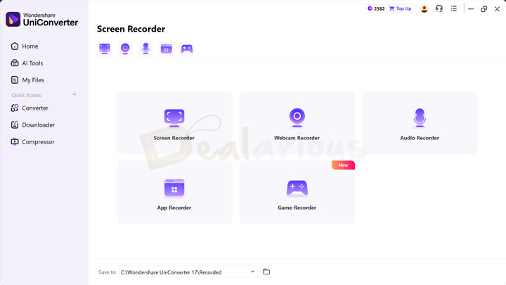 Screen Recorder panel with five recording options, including screen, webcam, audio, app and game.