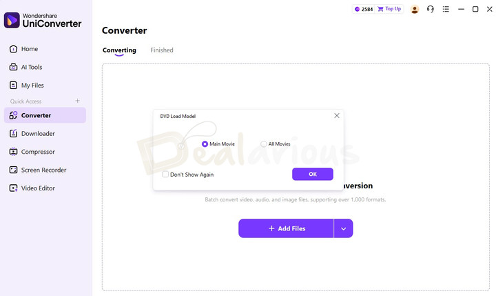 Wondershare UniConverter 17 prompt showing DVD model selection after choosing a DVD folder to load content for MP4 conversion