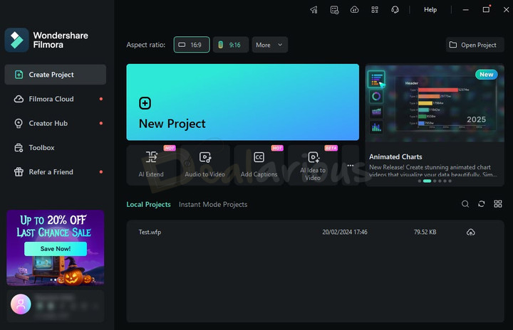 Wondershare Filmora 15 Main Window Wondershare Filmora 15 main startup window showing options like Create Project, Filmora Cloud, Creator Hub, Toolbox, and Refer a Friend.