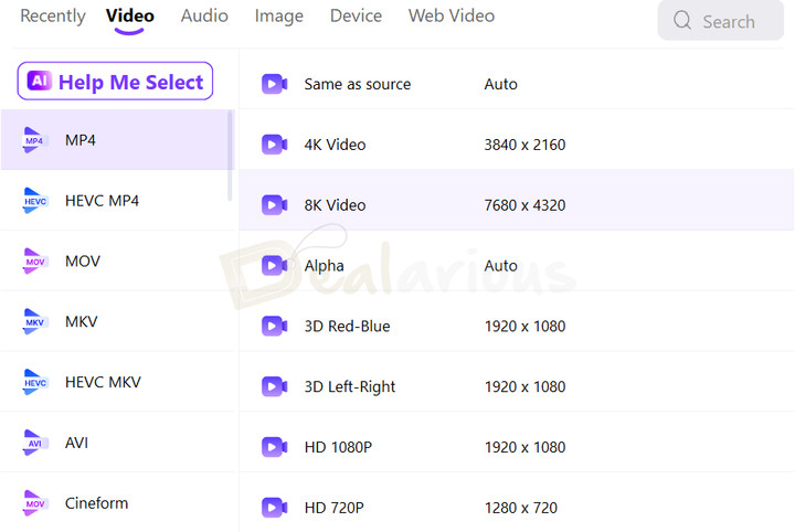 Wondershare UniConverter 17 showing various video and audio output formats available for conversion.
