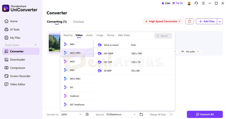 Wondershare UniConverter 17 interface showing an HEVC MP4 file added to the Converter section for format conversion on Windows