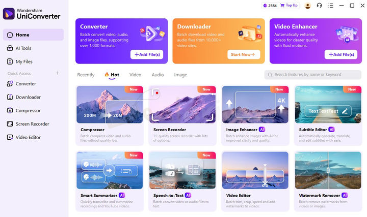 Wondershare UniConverter 17 Home screen showing the redesigned interface with Hot, Video, Audio, and Image tabs, along with AI Tools and Search box for quick access to features.