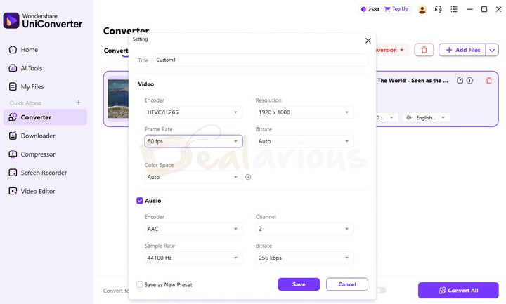 Wondershare UniConverter 17 displaying output format settings, including resolution, encoder, and quality options.