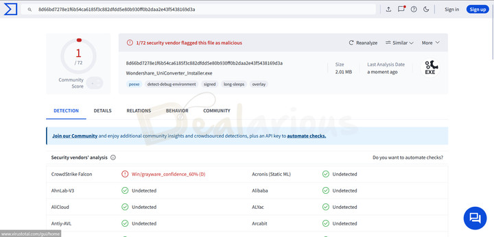 VirusTotal scan result of Wondershare UniConverter 17 setup file showing all engines clean except one engine detecting it as PUP