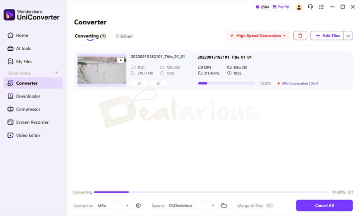 Wondershare UniConverter 17 converting DVD content to MP4 format, showing progress bar in the Converter module.