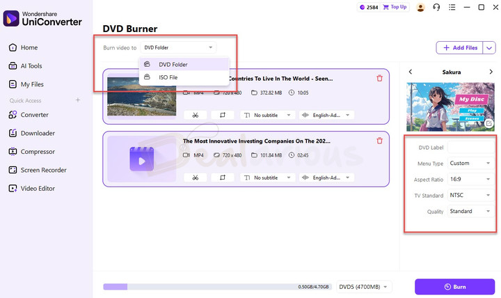 Wondershare UniConverter 17 showing options like Aspect ratio, TV Standard, video quality, and DVD menu templates before starting the burning process