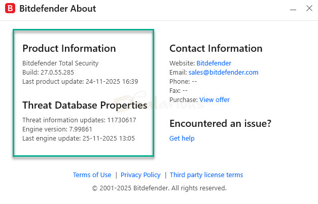 Bitdefender About window showing Total Security build version and threat database update details.
