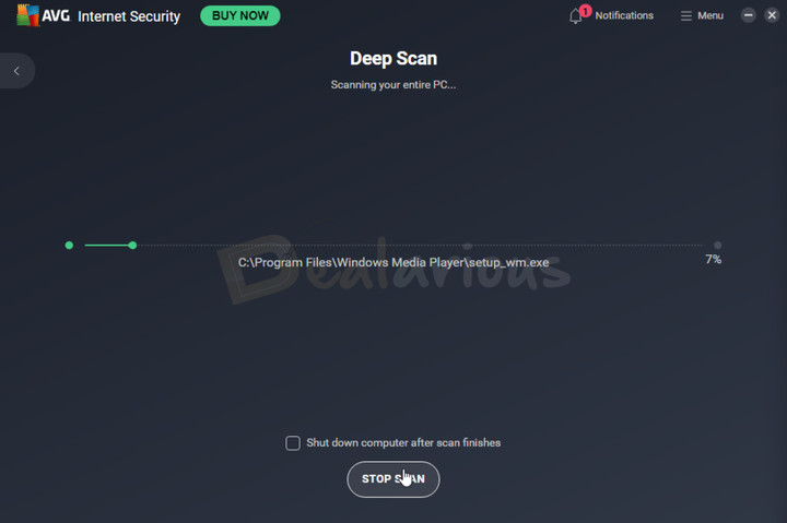 AVG Internet Security Scanning AVG Internet Security deep scan in progress on Windows with scan progress indicator.