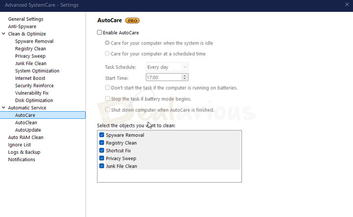 Advanced SystemCare AutoCare Settings Advanced SystemCare AutoCare settings with multiple cleanup tasks selected and daily schedule options.