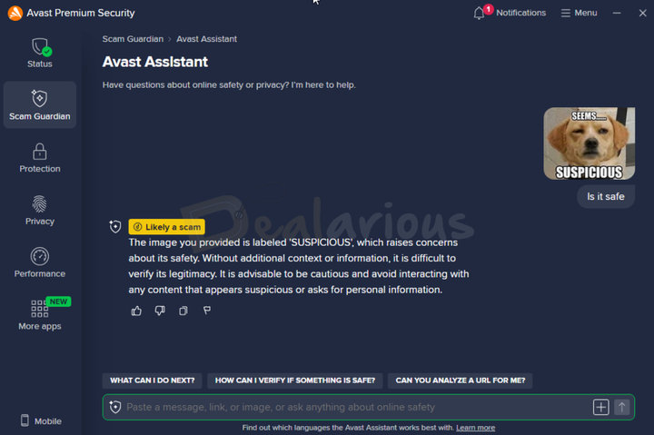 Avast Premium Security Avast Assistant Avast Assistant displaying an ongoing conversation on the safety verification of an image attachment.
