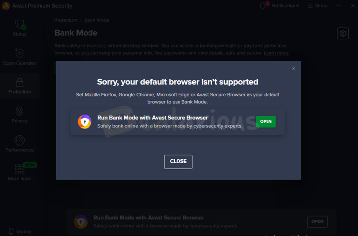 Avast Premium Security Bank Mode Prompt Avast Premium Security Bank Mode prompt displaying that the default browser is not supported and suggesting Avast Secure Browser.