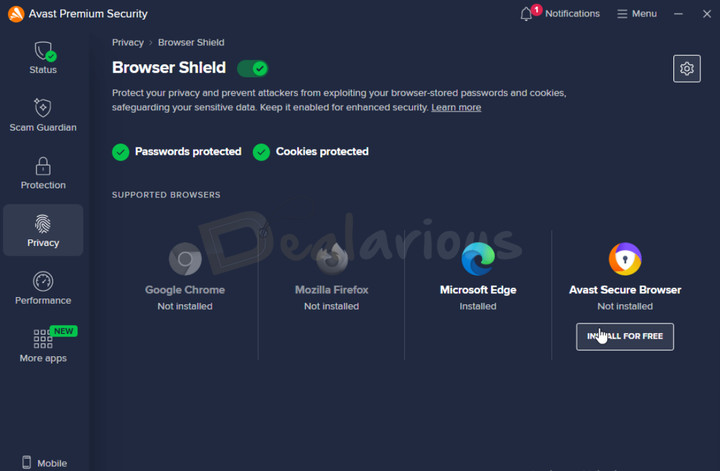 Avast Premium Security Browser Shield Avast Browser Shield window showing enabled security options, including password protection, cookie protection, and supported browsers.
