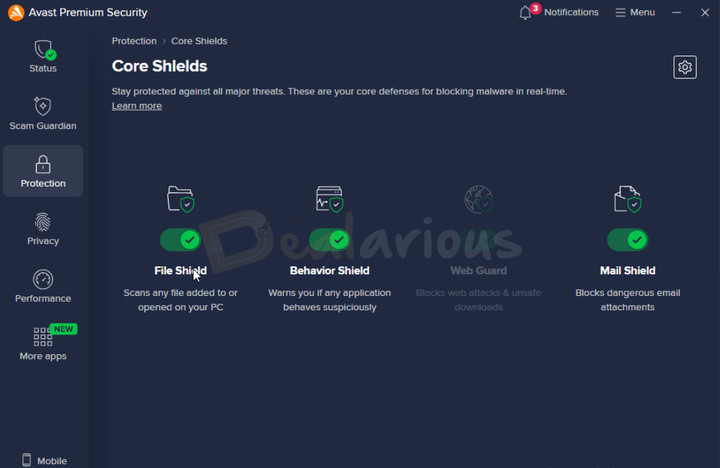 Avast Premium Security Core Shields Avast Premium Security's Core Shield window displaying File Shield, Behavior Shield, and Mail Shield enabled.