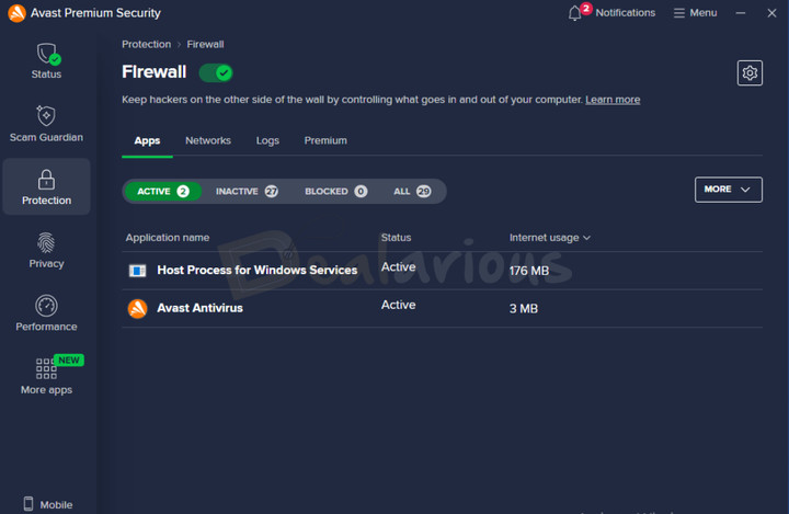 Avast Premium Security Firewall Avast Premium Security Firewall protection enabled with adjustable options for Apps, Networks, Logs, and Premium.