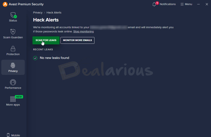 Avast Premium Security Hack Alerts Screenshot of Avast Hack Alerts feature showing “No new leaks found,” indicating the monitored email account is secure.
